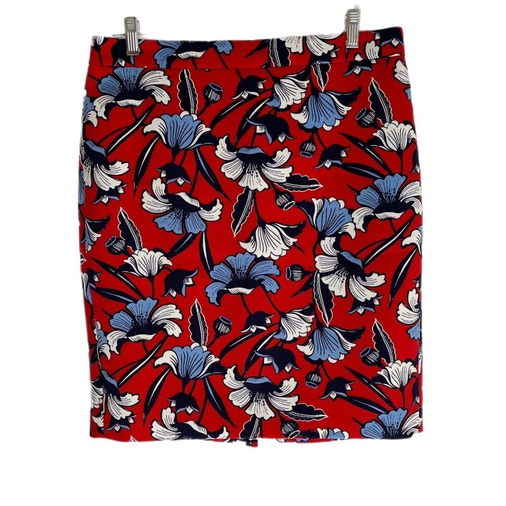 J. Crew Women's Stretch Pencil Skirt Size 8 Floral Printed Red Navy Blue G1555